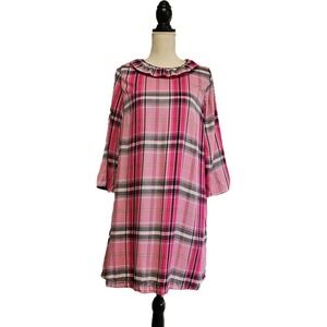 Crown & Ivy Pink Plaid Bow Tie Back Ruffle Neck Dress Size Petite L Indie Sleaze
